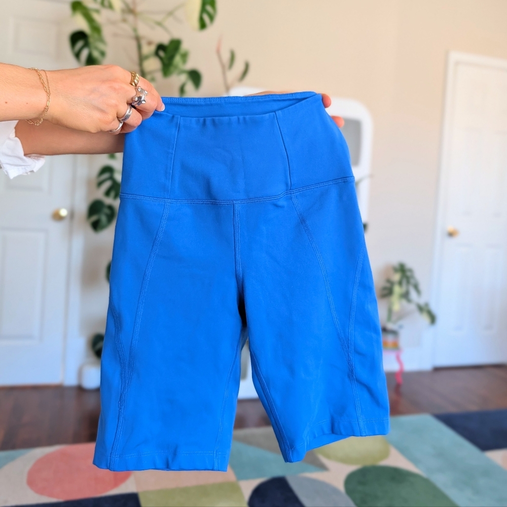 Girlfriend Collective high-rise bike shorts in cobalt blue